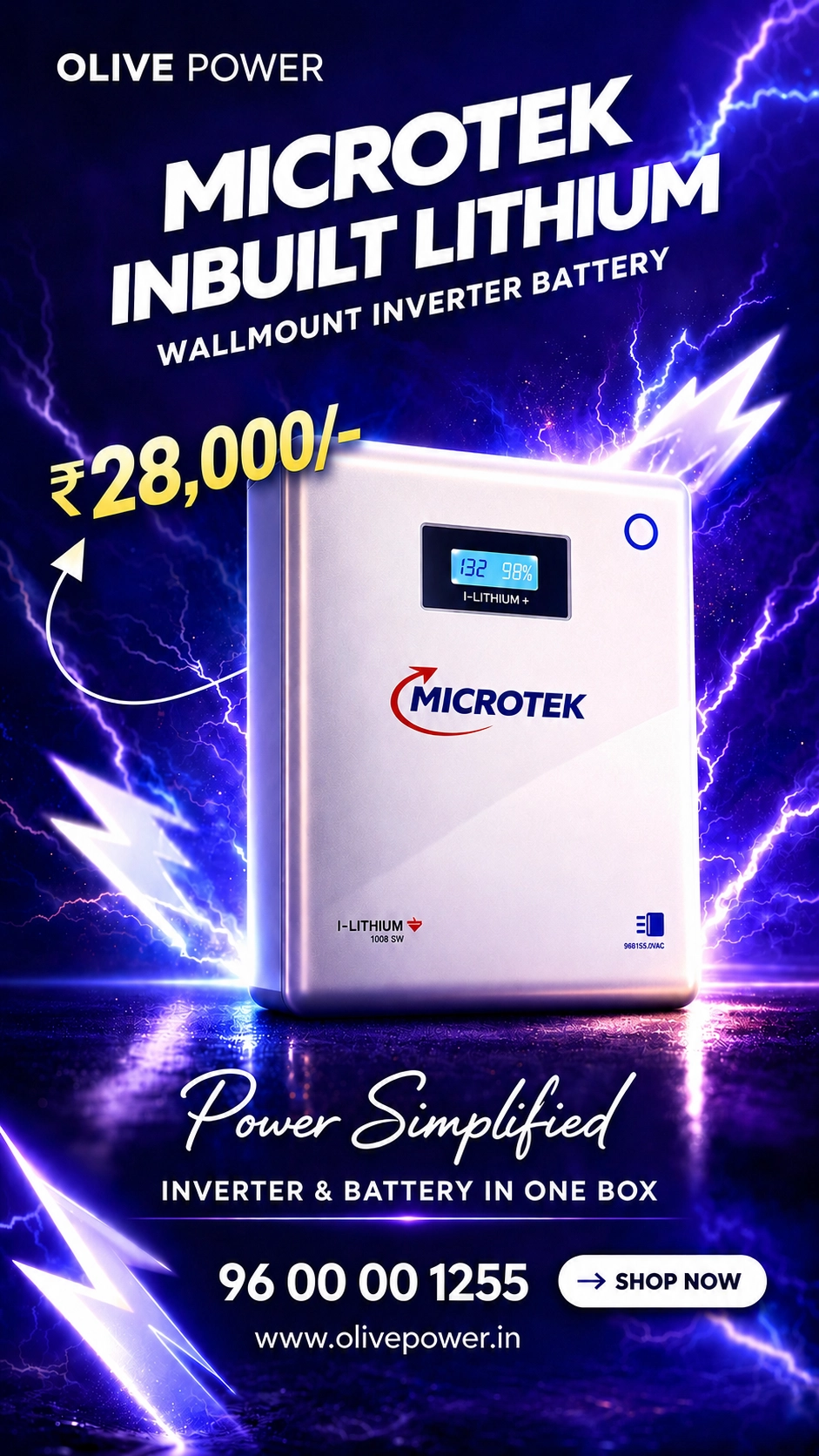 Microtek inbuilt lithium wallmount inverter battery advertised by Olive Power, with price ₹28,000 and shop now prompt.