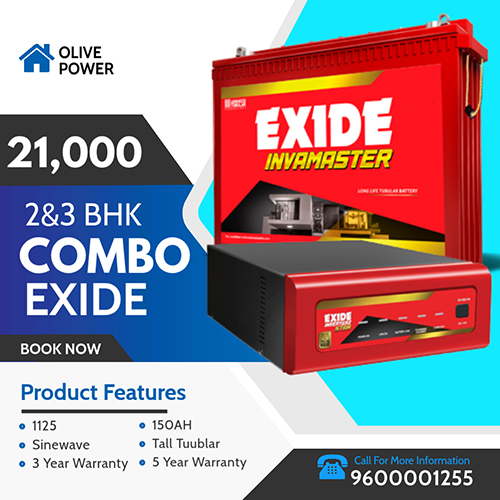 Advertisement for Exide InvaMaster battery by Olive Power, highlighting '21,000 2&3 BHK Combo' with a bold product image and a call-to-action to book now or call for more information.