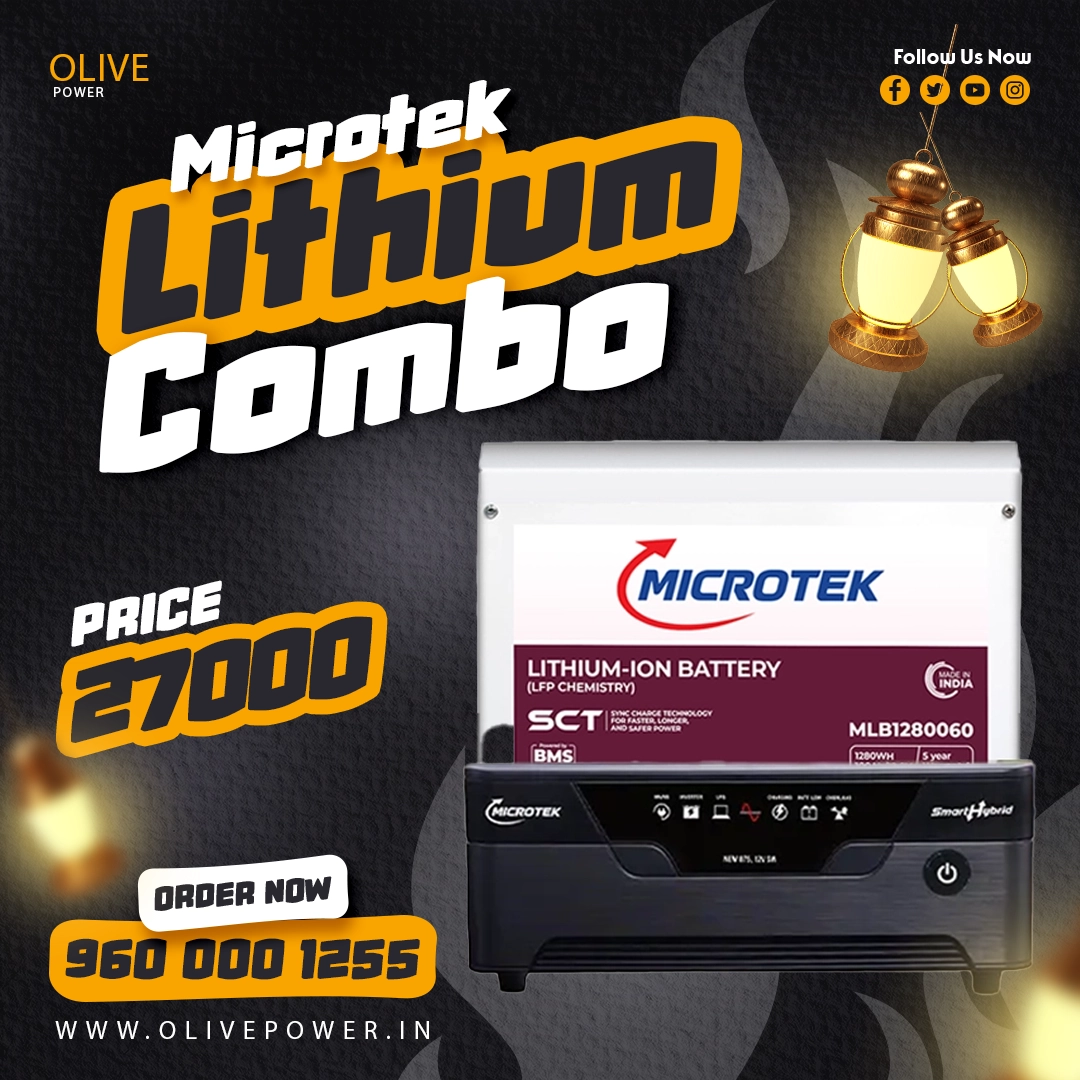 Advertisement for Microtek Lithium-Ion Battery combo showing a battery and inverter, price ₹96,000 and contact number 9600001255.