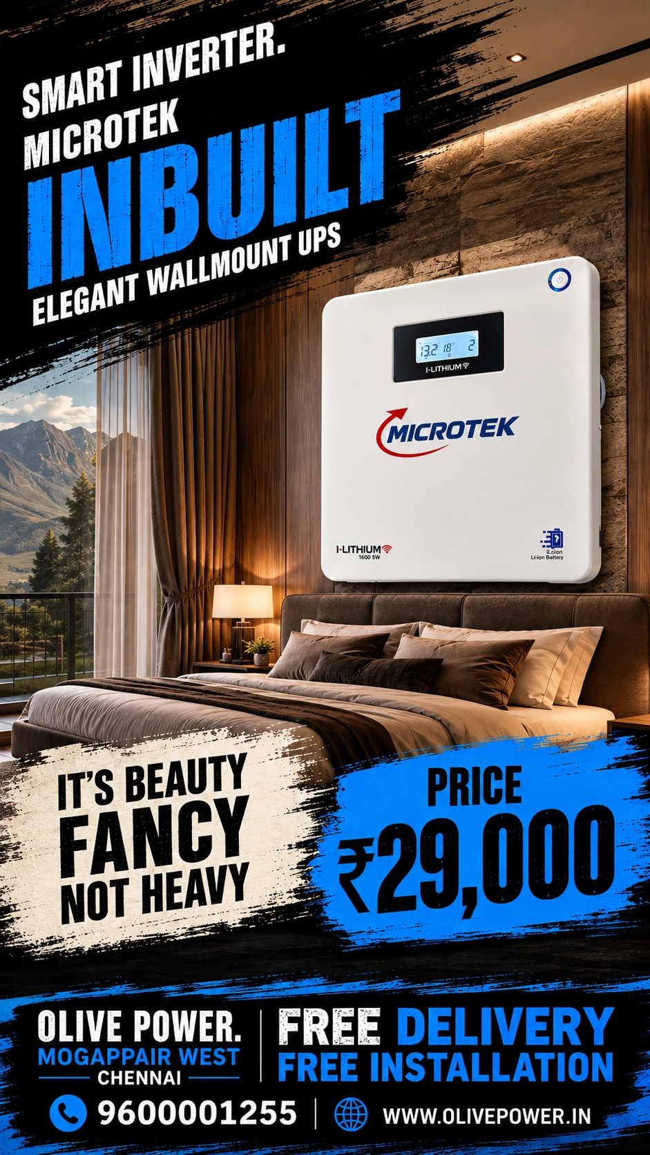 Advertisement poster for Microtek Inbuilt smart inverter wall-mount UPS in a luxurious bedroom; price ₹29,000, free delivery/installation mention.